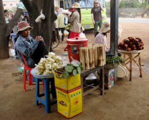 tu bogata oferta: bambusowe tuby z jakimś jedzeniem, woreczki z obranymi owocami, strąki lotosu, pieczone kurczaki
